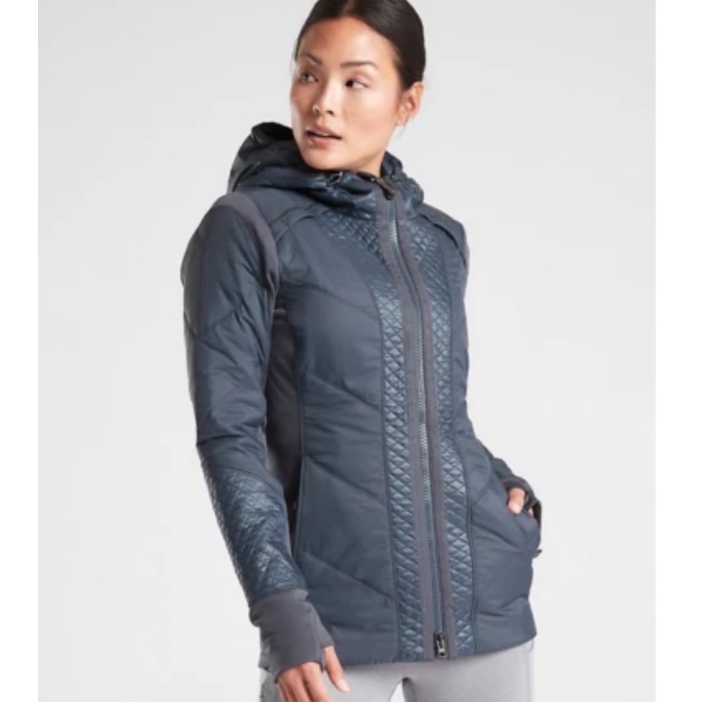 Athleta Womens Large Gray Quilted Mixed Media Hooded Full Zip Jacket Activewear